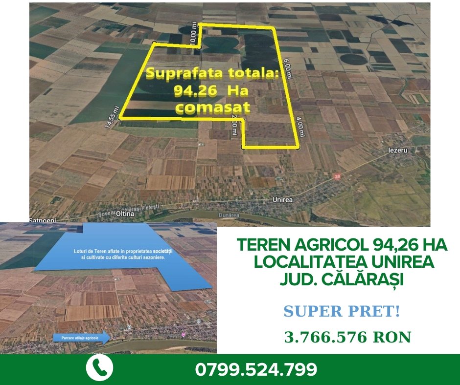 poza Teren agricol 94,26 ha, localitatea Unirea, jud. Călărași